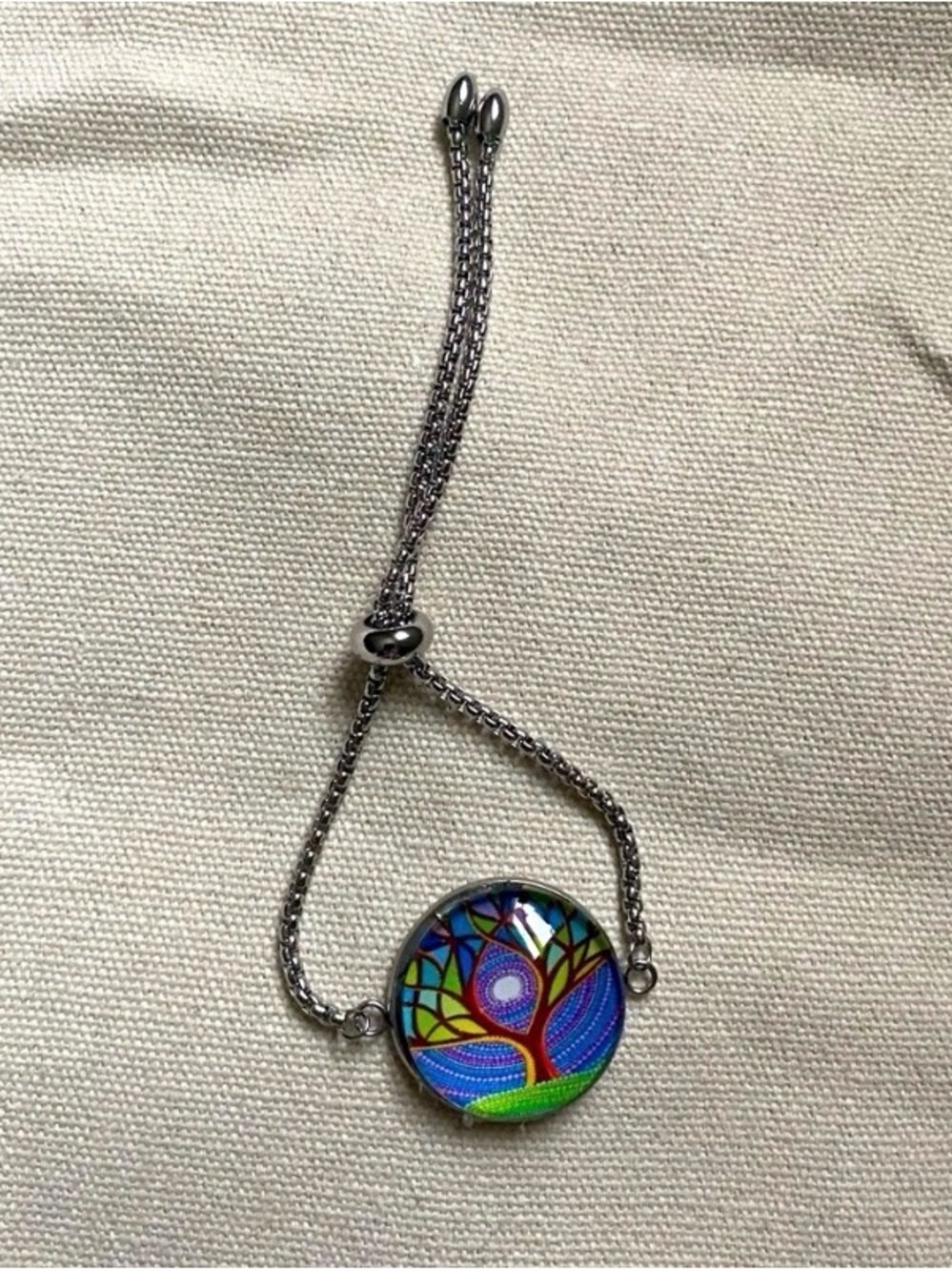 Adjustable Silver-Tone Bracelet with Multicolor Tree of Life Pendant